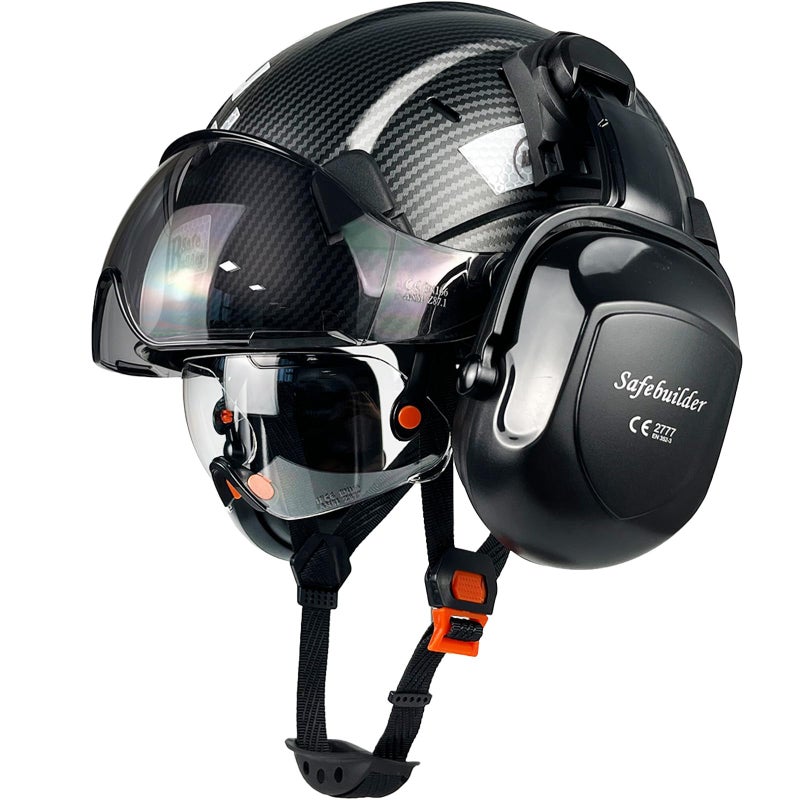 SAFEBUILDER Safety Helmet With Goggles Ear Muffs Work at Hight Carbon Fiber Abs Hard Hats For Industrial Construction Head Protection ANSI Z891 Approve 01Matte BlackClearTinted GoggleB07Earmuff
