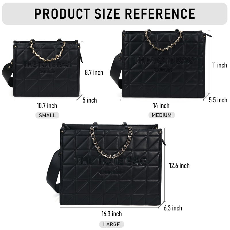 Chinllo Tote Bag for Women Quilted Chains Satchel Purse and Handbags with Shoulder Strap (E.Black-M) - Image 3