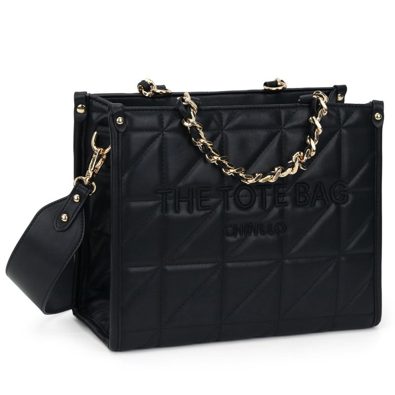 Chinllo Tote Bag for Women Quilted Chains Satchel Purse and Handbags with Shoulder Strap (E.Black-M) - Image 1