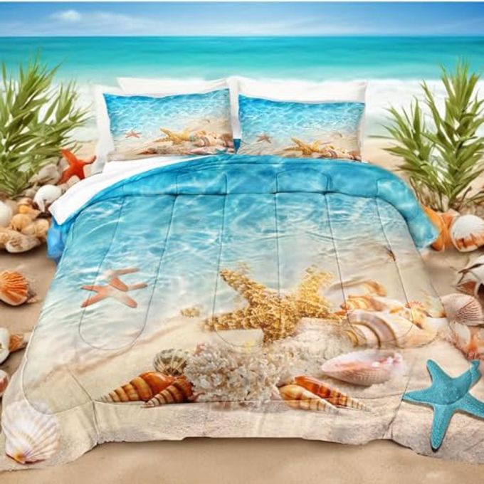 BEACHY COMFORTER SET KING SIZE COASTAL BEDDING SET 3 PCS STARFISH SHELL CONCH SEA LIFE PRINTED OCEAN COMFORTER BEDDING SET BEACH THEMED ROOM DECOR
