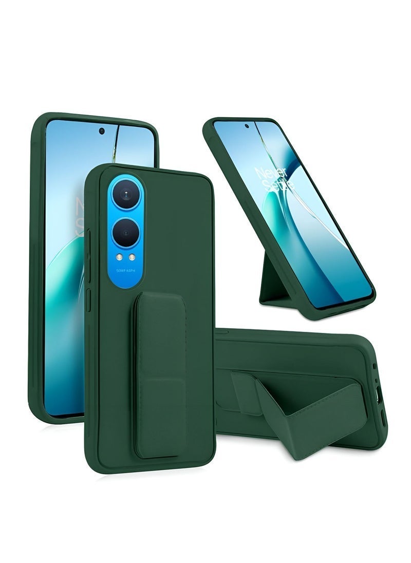Raxoom OnePlus Nord CE4 Lite 5G 2024 Case â€“ Foldable Magnetic Kickstand & Wrist Strap Grip | Built-In Iron Plate for Magnetic Mount | Shockproof TPU Back Cover | Stylish Dark Green Finger Grip Case - Image 1