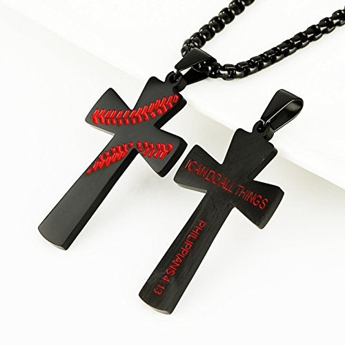 HZMAN Baseball Cross Pendant, I CAN DO ALL THINGS STRENGTH Bible Verse Stainless Steel Necklace (Black) - Image 2