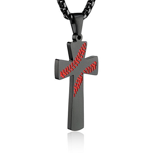 HZMAN Baseball Cross Pendant, I CAN DO ALL THINGS STRENGTH Bible Verse Stainless Steel Necklace (Black) - Image 1