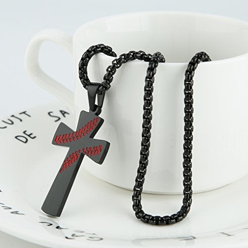 HZMAN Baseball Cross Pendant, I CAN DO ALL THINGS STRENGTH Bible Verse Stainless Steel Necklace (Black) - Image 5