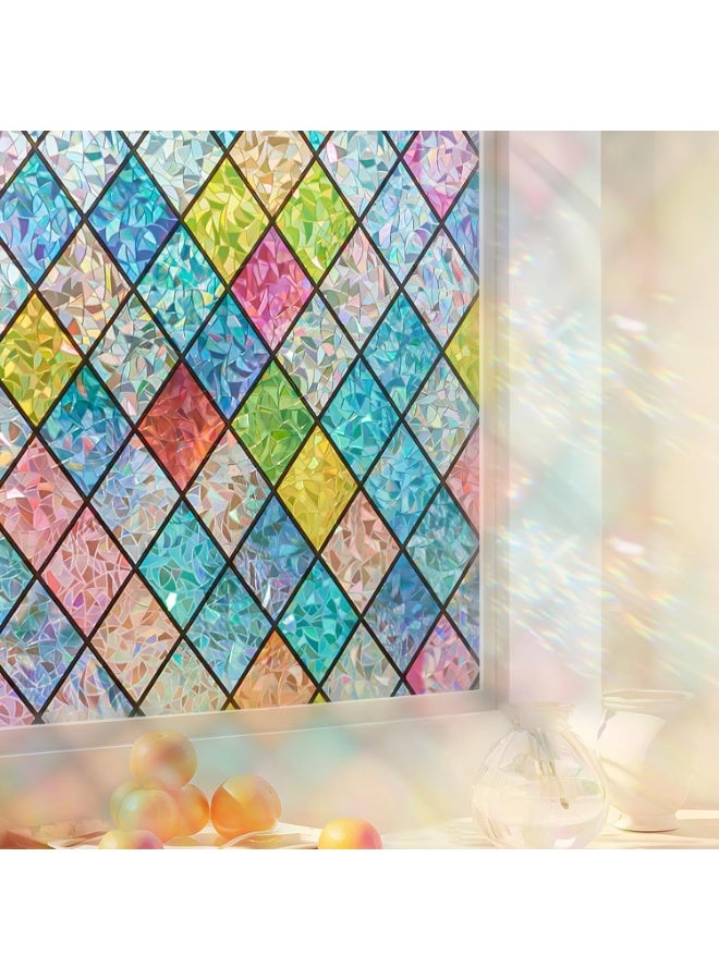 Stained Glass Window Privacy Film, Window Privacy Film Rainbow Holographic Decorative Static Cling Window Coverings Sun Heat Blocking for Bathroom Door Vinyl Prism Window Tint(17.7 x 78.7in) - Image 1