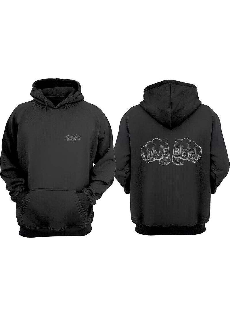 The Wert - Unisex Love Beer Words Fist Design Front Back Printed Regular Fit Black Sweatshirt - Image 1
