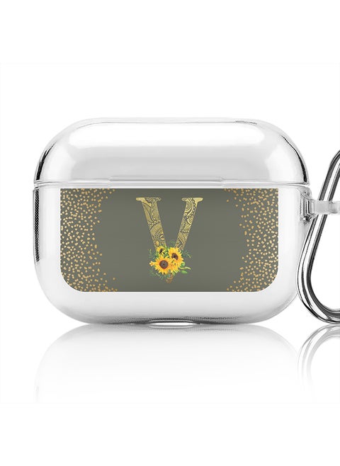 Classic Clear printed Case for Apple AirPods Pro 2nd Generation Thin Transparent Cover - Custom Monogram Initial Letter Mandala Floral Pattern Alphabet - V (Olive Green )