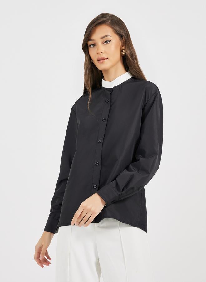 Styli Double Contrast Stand Collar Loose Fit Shirt  - Image 3
