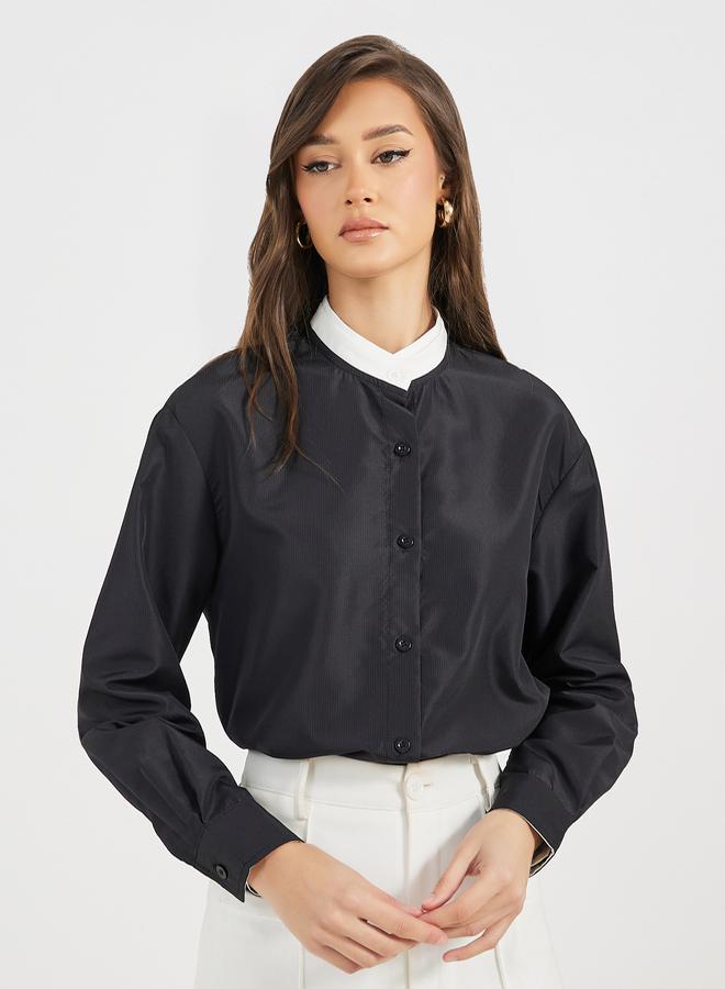 Styli Double Contrast Stand Collar Loose Fit Shirt  - Image 1