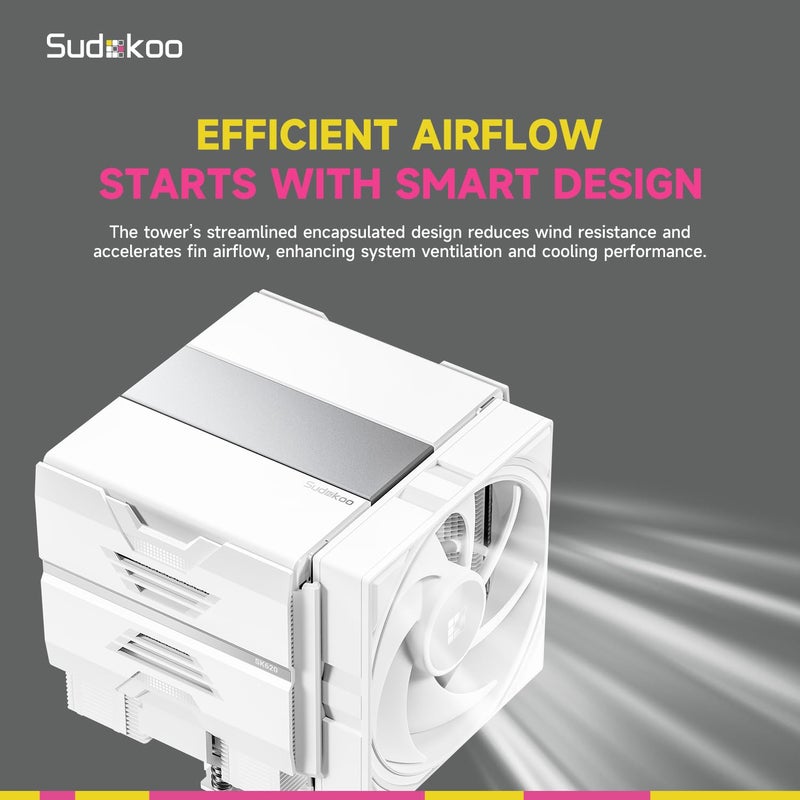 Sudokoo SK620 White AM5 مبرد هواء: مبرد وحدة المعالجة المركزية ذو برجين مزود بـ 6 أنابيب حرارية وخاص بمنصة AM5 - مبرد كمبيوتر يحتوي على مراوح هادئة من نوع FDB PWM بقطر 120 مم ومثبت سريع. - Image 5
