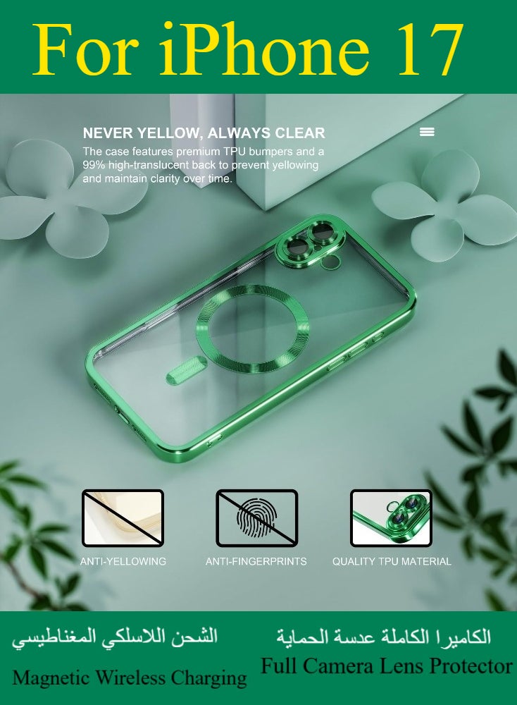 Dili Apple Green Case iPhone 17 Magnetic Magsafe Case Compatible with MagSafe [Never Yellowing] [Military Grade Drop Protection] Full Camera Lens Protector Plating Soft Clear Phone Case for Women and Men Cover - Image 1