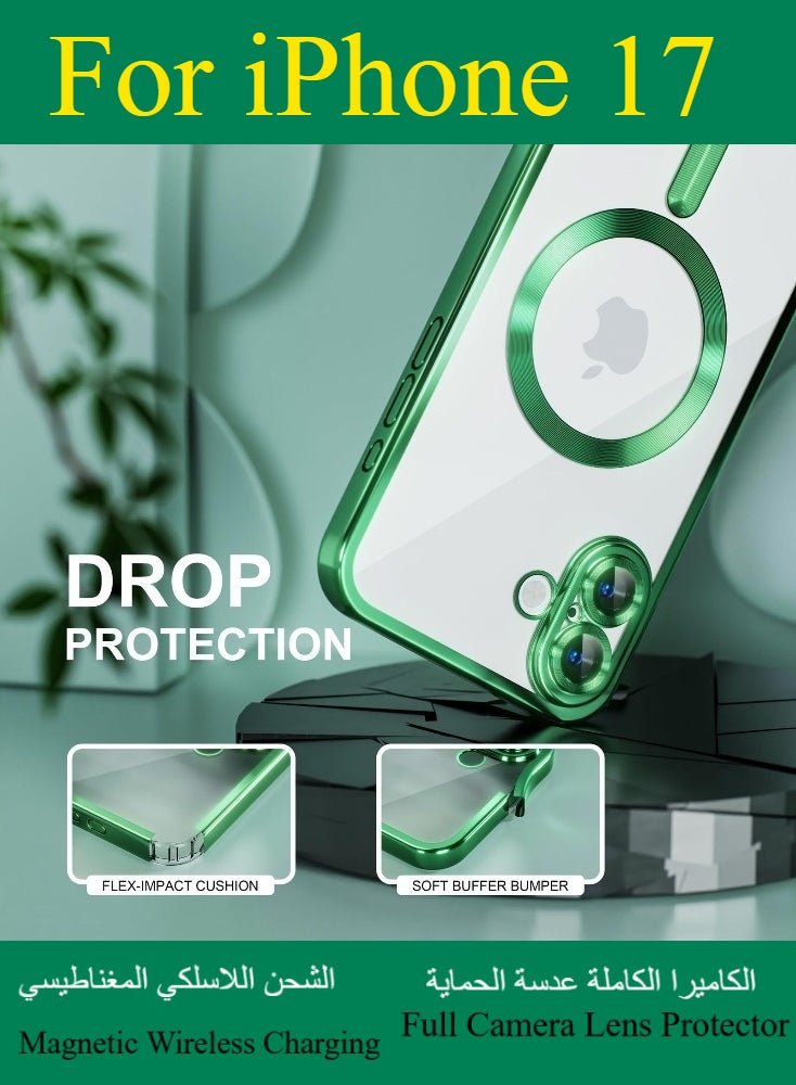 Dili Apple Green Case iPhone 17 Magnetic Magsafe Case Compatible with MagSafe [Never Yellowing] [Military Grade Drop Protection] Full Camera Lens Protector Plating Soft Clear Phone Case for Women and Men Cover - Image 3