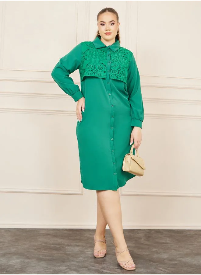 ستايلي Plus Lace Detail Shirt Midi Dress