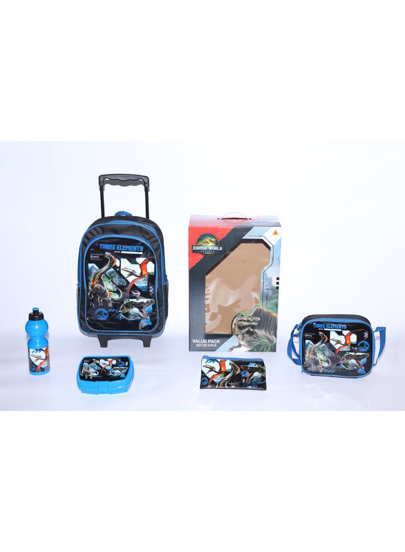 JURASSIC WORLD Jurasic World: Movie 5 in 1 Value Pack (16" Trolley Bag with Lunch Box, Lunch bag, Water Bottle and Pencil Case) - Image 1