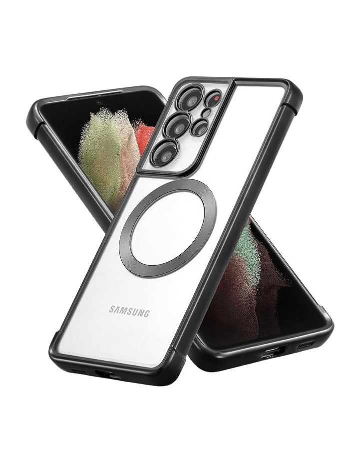 جراب متوافق مع Galaxy S21 Ultra مع واقي لعدسة الكاميرا (متوافق مع MagSafe) جراب واقٍ مغناطيسي مضاد للخدش ومضاد للصدمات لهاتف Samsung Galaxy S21Ultra للنساء والرجال - أسود - Image 1