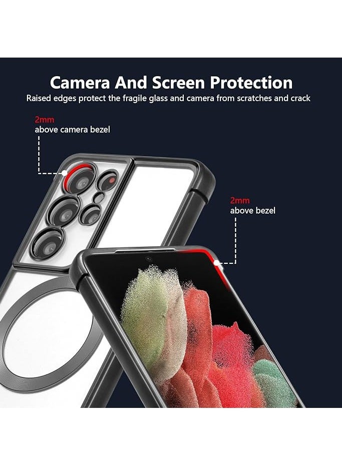 جراب متوافق مع Galaxy S21 Ultra مع واقي لعدسة الكاميرا (متوافق مع MagSafe) جراب واقٍ مغناطيسي مضاد للخدش ومضاد للصدمات لهاتف Samsung Galaxy S21Ultra للنساء والرجال - أسود - Image 3