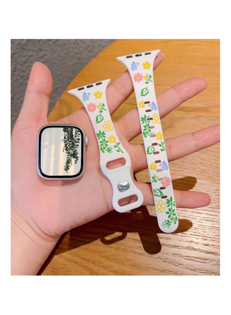 Engraved Floral silm Silicone Strap for Apple Watch Ultra Band 49mm 46mm 45mm 40mm 41mm Bracelet Fashion IWatch Series 10 9 8 7 - White