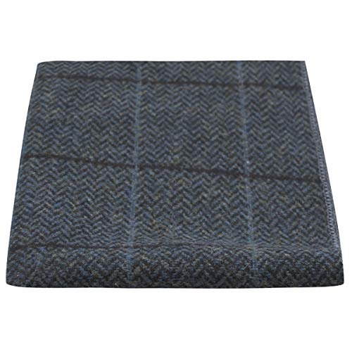 King & Priory Luxury Aegean Blue Herringbone Check Pocket Square, Handkerchief, Tweed - Image 1