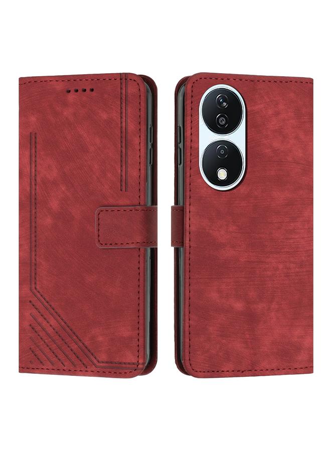 جرين تايجر حافظة هاتف جلدية بنمط شريطي لهاتف Honor X7b مع حبل (أحمر)