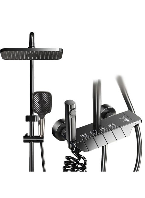 Shower System Thermostatic, 4-Function Piano Key Wall-Mounted Shower Set, with 12" Shower Head, 3 Function Hand Shower, Bath Mixers and Bidet Sprayers Brass Body（Black）