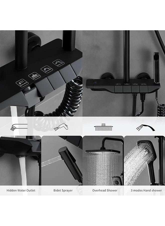 Arabest - Shower System Thermostatic, 4-Function Piano Key Wall-Mounted Shower Set, with 12" Shower Head, 3 Function Hand Shower, Bath Mixers and Bidet Sprayers Brass Body（Black） - Image 1