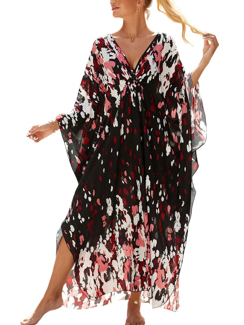 IMAGEKOPE Women's Plus Size Animal Print V-Neck Batwing Kaftan Beach Dress Bathing Suit Cover-Up Loungewear - Image 1