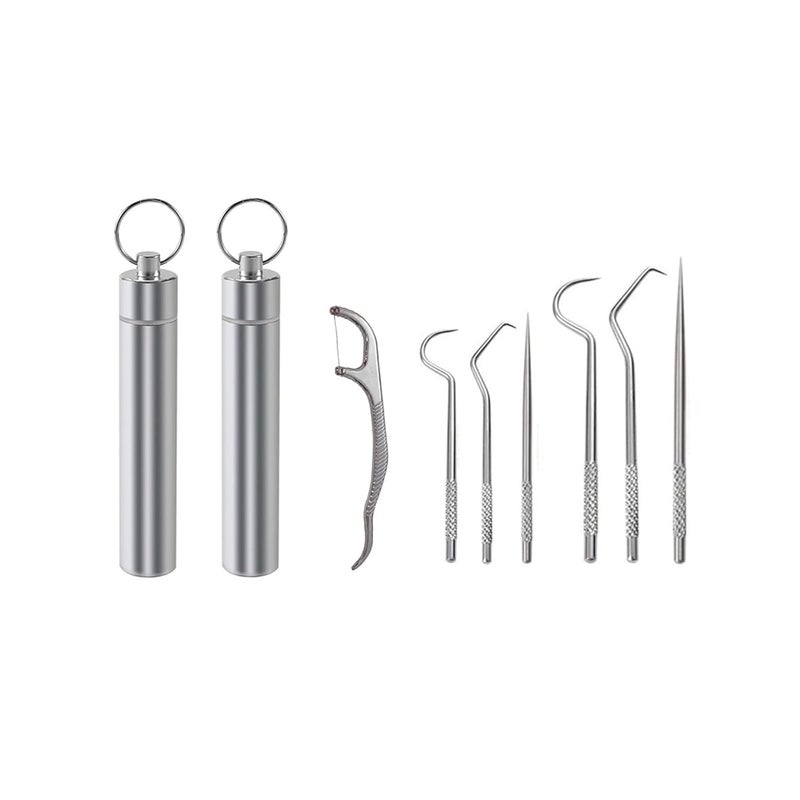 ZHENROAD 2 Set 7Pcs Portable Stainless Steel Toothpicks Pocket Set Reusable Metal Toothpicks Rooth Cleaning Kit with Holder for Outdoor Picnic Camping Traveling - Image 1