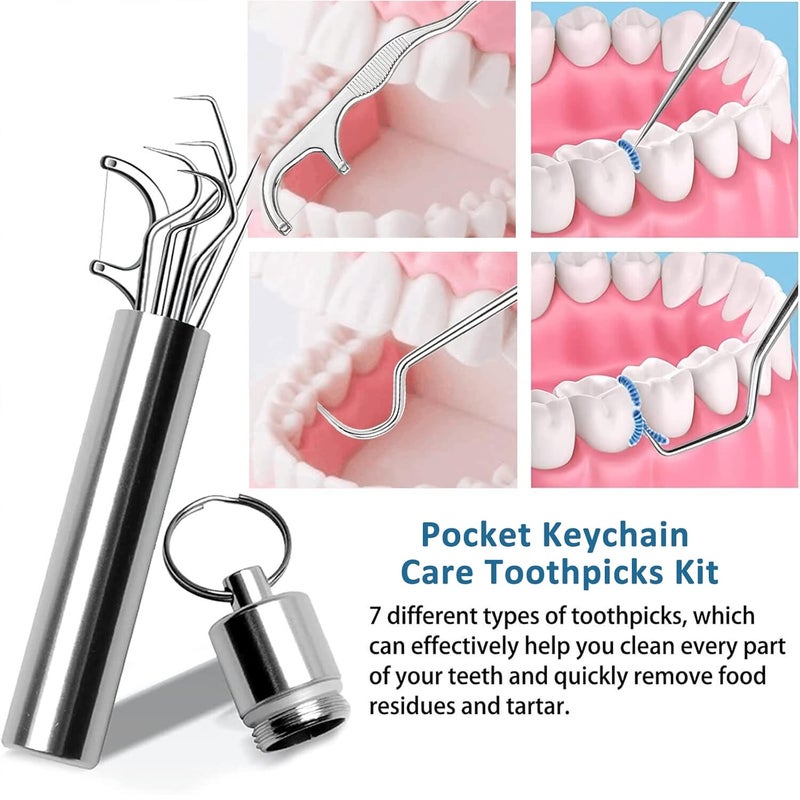 ZHENROAD 2 Set 7Pcs Portable Stainless Steel Toothpicks Pocket Set Reusable Metal Toothpicks Rooth Cleaning Kit with Holder for Outdoor Picnic Camping Traveling - Image 3