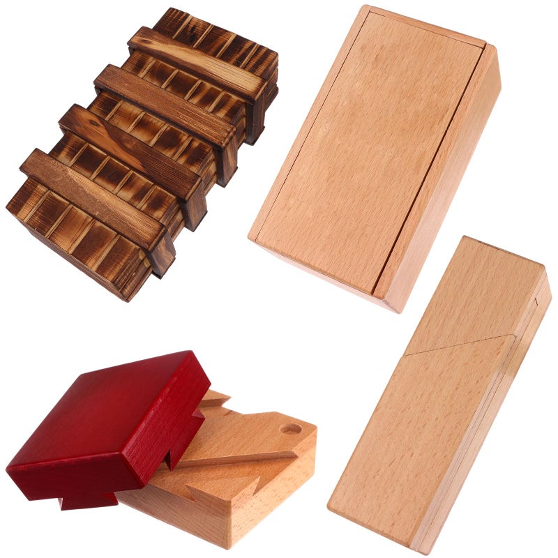 Oppaxf 4 Pack Wooden Secret Puzzle Box with Hidden Compartment 3D Brain Teaser Magic Drawers Gift Card Puzzle Box for Adults and Kids - Image 3