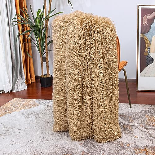 Tuddrom Decorative Extra Soft Faux Fur Throw Blanket 50" x 60",Solid Reversible Fuzzy Long Hair Shaggy Blanket,Fluffy Cozy Plush Fleece Comfy Microfiber Fur Blanket for Couch Sofa Bed,Camel - Image 4