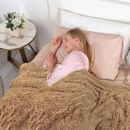 Tuddrom Decorative Extra Soft Faux Fur Throw Blanket 50" x 60",Solid Reversible Fuzzy Long Hair Shaggy Blanket,Fluffy Cozy Plush Fleece Comfy Microfiber Fur Blanket for Couch Sofa Bed,Camel - Image 3
