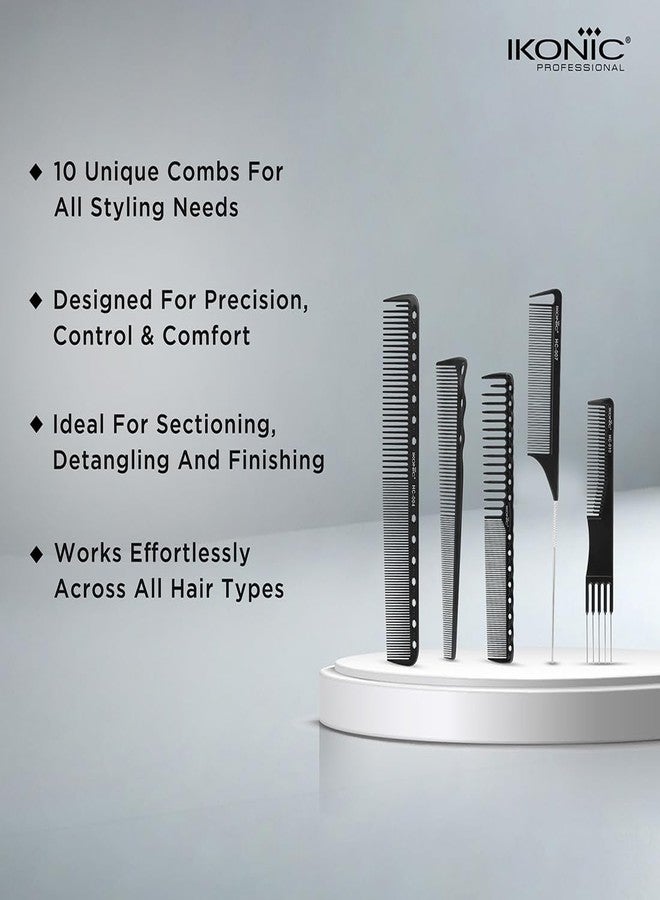 Ikonic Professional Hair Dressing Comb Set of 10 with Pouch for Detangling, Frizz Free Styling & Shine, Durable & Chemical Resistant, For All Hair Types, Personal Use, Salons, Beauty Parlours & Spas - Image 4