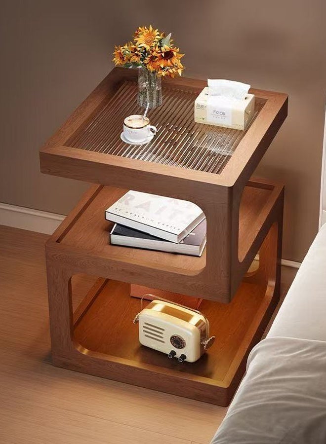 فاشون هوم طاولة جانبية خشبية عصرية بتصميم تخزين مفتوح من 3 طبقات وإضاءة مدمجة، طاولة جانبية مربعة صغيرة الحجم لغرفة المعيشة وغرفة النوم، طاولة أنيقة بجانب السرير/الأريكة بلمسة نهائية ناعمة وهيكل موفر للمساحة، مثالية للديكور المنزلي والاستخدام اليومي، المقاس: 35 × 35 × 50 سم - Image 1