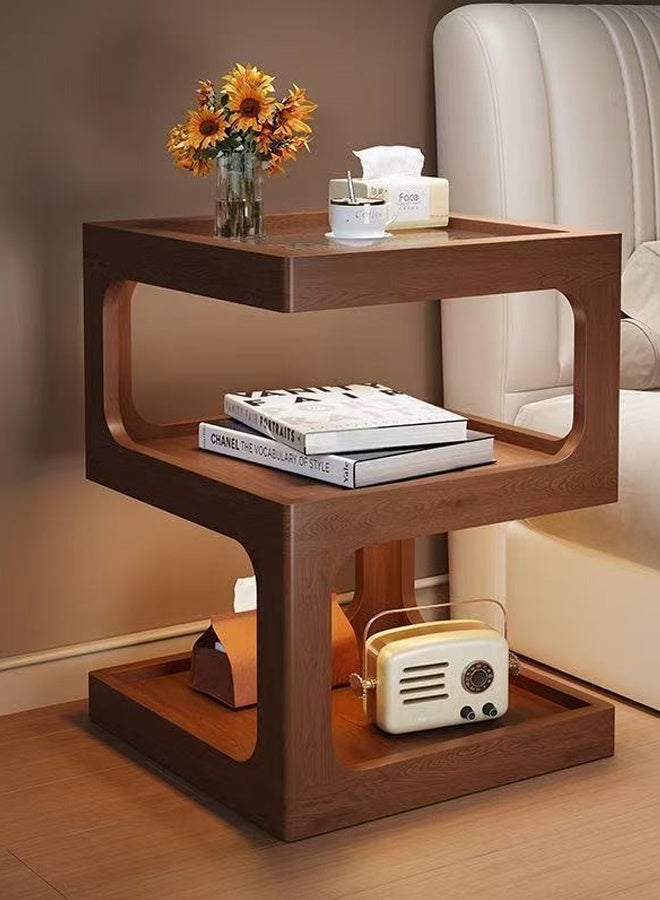 فاشون هوم طاولة جانبية خشبية عصرية بتصميم تخزين مفتوح من 3 طبقات وإضاءة مدمجة، طاولة جانبية مربعة صغيرة الحجم لغرفة المعيشة وغرفة النوم، طاولة أنيقة بجانب السرير/الأريكة بلمسة نهائية ناعمة وهيكل موفر للمساحة، مثالية للديكور المنزلي والاستخدام اليومي، المقاس: 35 × 35 × 50 سم - Image 2