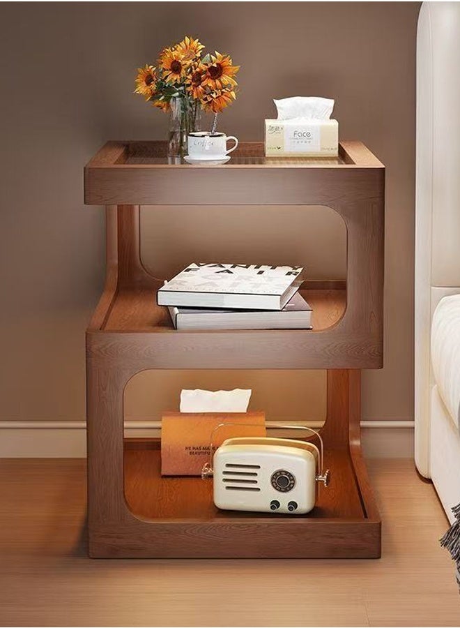 فاشون هوم طاولة جانبية خشبية عصرية بتصميم تخزين مفتوح من 3 طبقات وإضاءة مدمجة، طاولة جانبية مربعة صغيرة الحجم لغرفة المعيشة وغرفة النوم، طاولة أنيقة بجانب السرير/الأريكة بلمسة نهائية ناعمة وهيكل موفر للمساحة، مثالية للديكور المنزلي والاستخدام اليومي، المقاس: 35 × 35 × 50 سم - Image 3