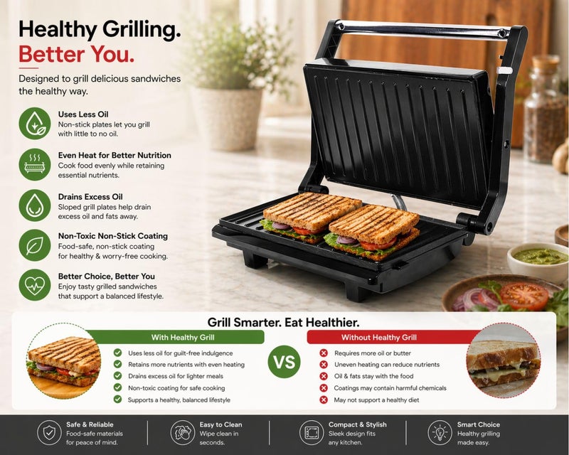 Sheffield Classic Non‑Stick Sandwich Grill & Toaster | 180° Open Griller with Fixed Grill Plates | Adjustable Height Control & LED Indicator | Best For Gifting - Image 4