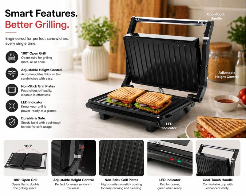 Sheffield Classic Non‑Stick Sandwich Grill & Toaster | 180° Open Griller with Fixed Grill Plates | Adjustable Height Control & LED Indicator | Best For Gifting - Image 2