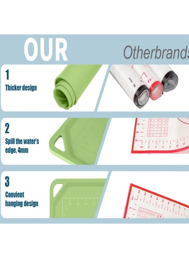 سيليكون المعجنات حصيرة مجموعة،  الإضافية سميكة كبيرة غير عصا الخبز حصيرة، مع الحافة رفع، إعادة استخدام الطعام الصف السيليكون العجينة المتداول حصيرة، لصنع الكوكيز، الماكرون، الخبز، الأخضر - Image 3