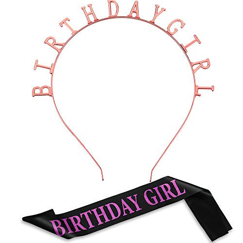 Zonon Birthday Headband, Satin Sash and Tiara Crown for Girls Women, Rose Gold Birthday Party Supplies - Image 1