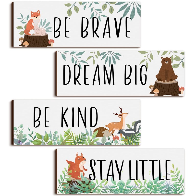 Yookeer 4 Pieces Woodland Nursery Decor Baby Safari Nursery Decor Kids Cute Jungle Animal Room Decor Nursery Decorations For Baby Boy Bedroom Toddler Room 11X 3.9 Inches (White Background ) - Image 1