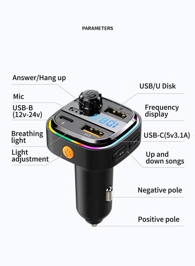 Car Bluetooth Adapter, FM Transmitter Bluetooth 5.0, Audio Receiver Car Charger MP3 Player, LED Display Hands-Free Calling, Light Switch, HiFi Bass Sound, Fast Charging - Image 2