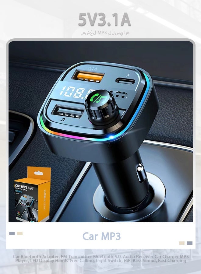 Car Bluetooth Adapter, FM Transmitter Bluetooth 5.0, Audio Receiver Car Charger MP3 Player, LED Display Hands-Free Calling, Light Switch, HiFi Bass Sound, Fast Charging - Image 1