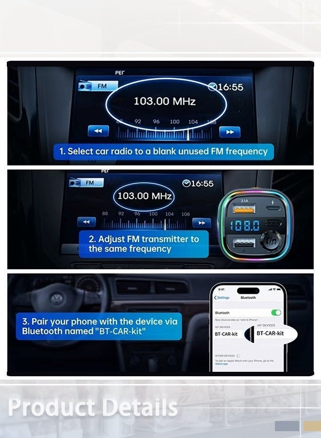 Car Bluetooth Adapter, FM Transmitter Bluetooth 5.0, Audio Receiver Car Charger MP3 Player, LED Display Hands-Free Calling, Light Switch, HiFi Bass Sound, Fast Charging - Image 5