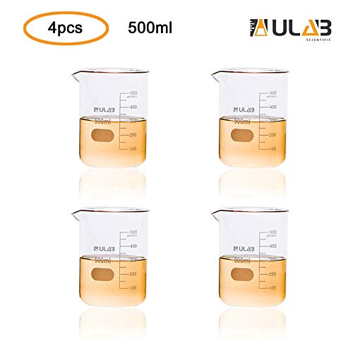 ULAB Scientific Glass Beaker Set, Vol. 500ml, 3.3 Borosilicate Griffin Low Form with Printed Graduation, Pack of 4, UBG1016 - Image 2