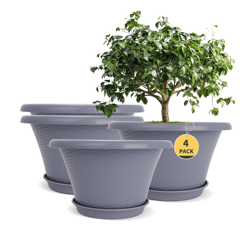 Quarut 12 Inch Large Planter Pot for Plants Indoor Outdoor, 4 Pack Plastic Flower Pots with Drainage Hole & Tray, Modern Decorative Garden Pot with Saucer, Plant Container for House Grey - Image 1