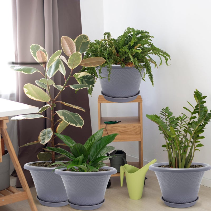 Quarut 12 Inch Large Planter Pot for Plants Indoor Outdoor, 4 Pack Plastic Flower Pots with Drainage Hole & Tray, Modern Decorative Garden Pot with Saucer, Plant Container for House Grey - Image 3