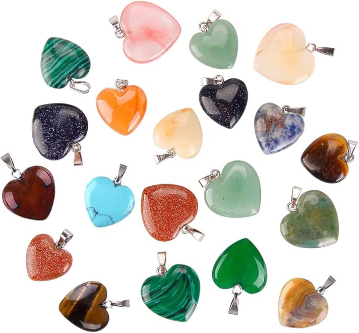 Keyzone 20 Pieces Heart Shaped Stone Pendants Charms Crystal Chakra Beads for DIY Necklace Jewelry Making, 2 Sizes, Assorted Color - Image 1