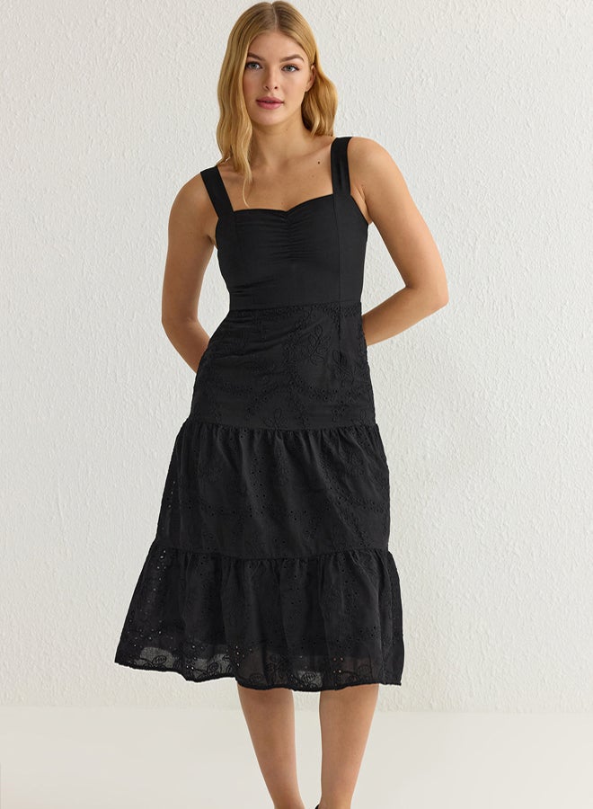 trendyol Black Waist Opening Midi Embroidered Lined Woven Dress  - Image 1
