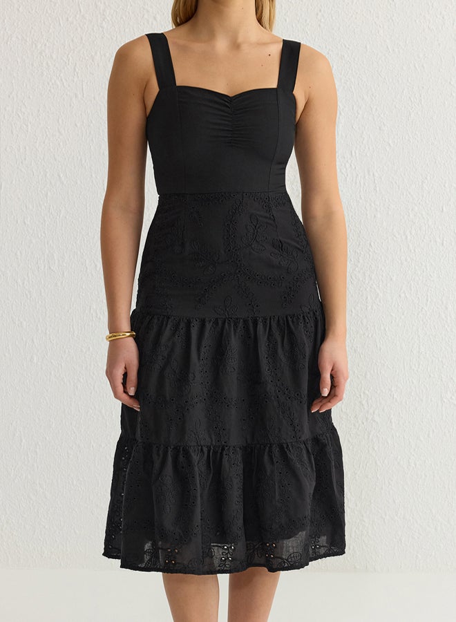 trendyol Black Waist Opening Midi Embroidered Lined Woven Dress  - Image 3