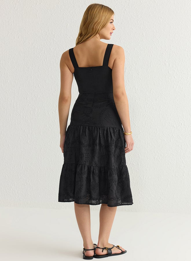 trendyol Black Waist Opening Midi Embroidered Lined Woven Dress  - Image 5